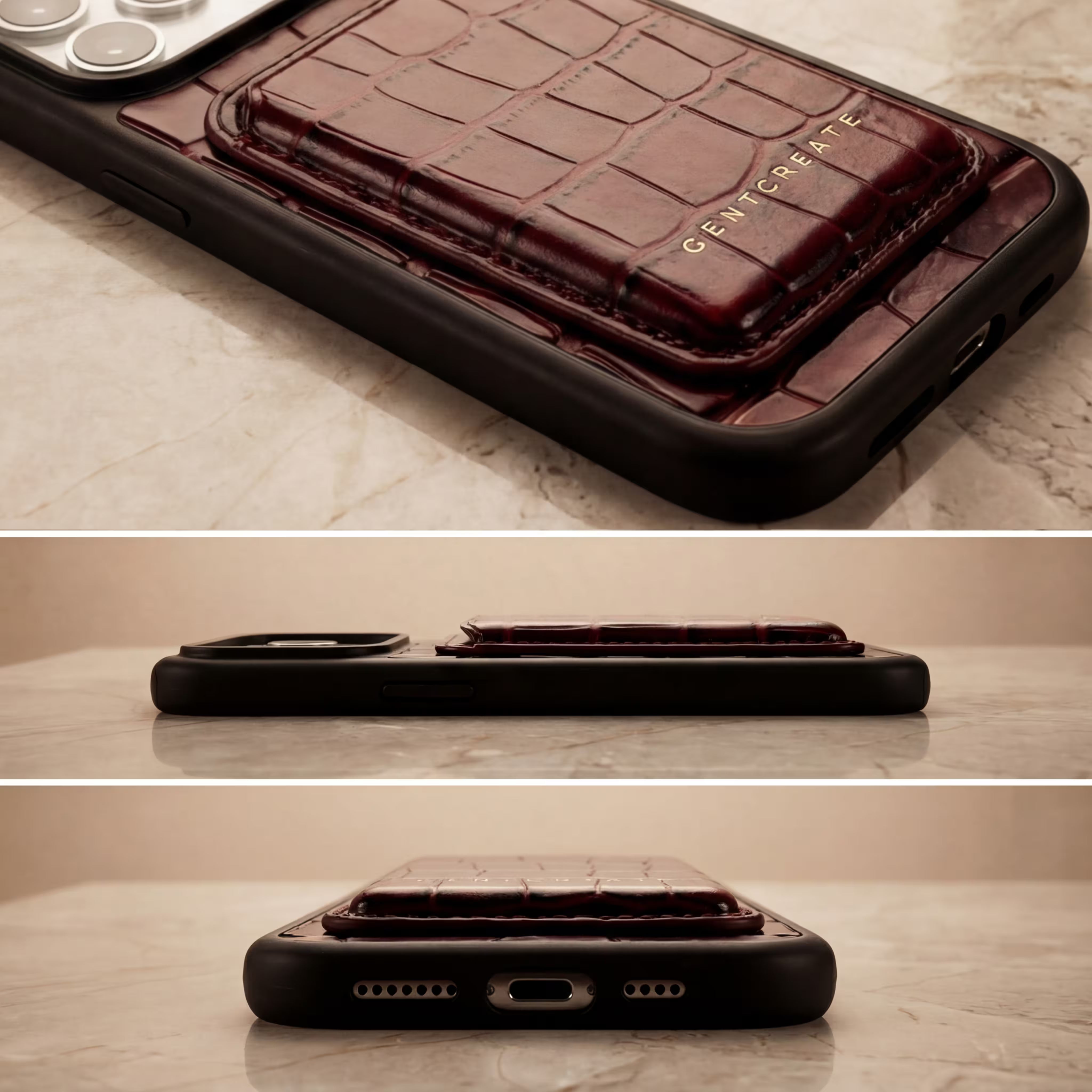 Thin crocodile leather Magsafe cardholder wallet attached to an iPhone 17 Pro Max case with GENFCREATE branding on a marble surface